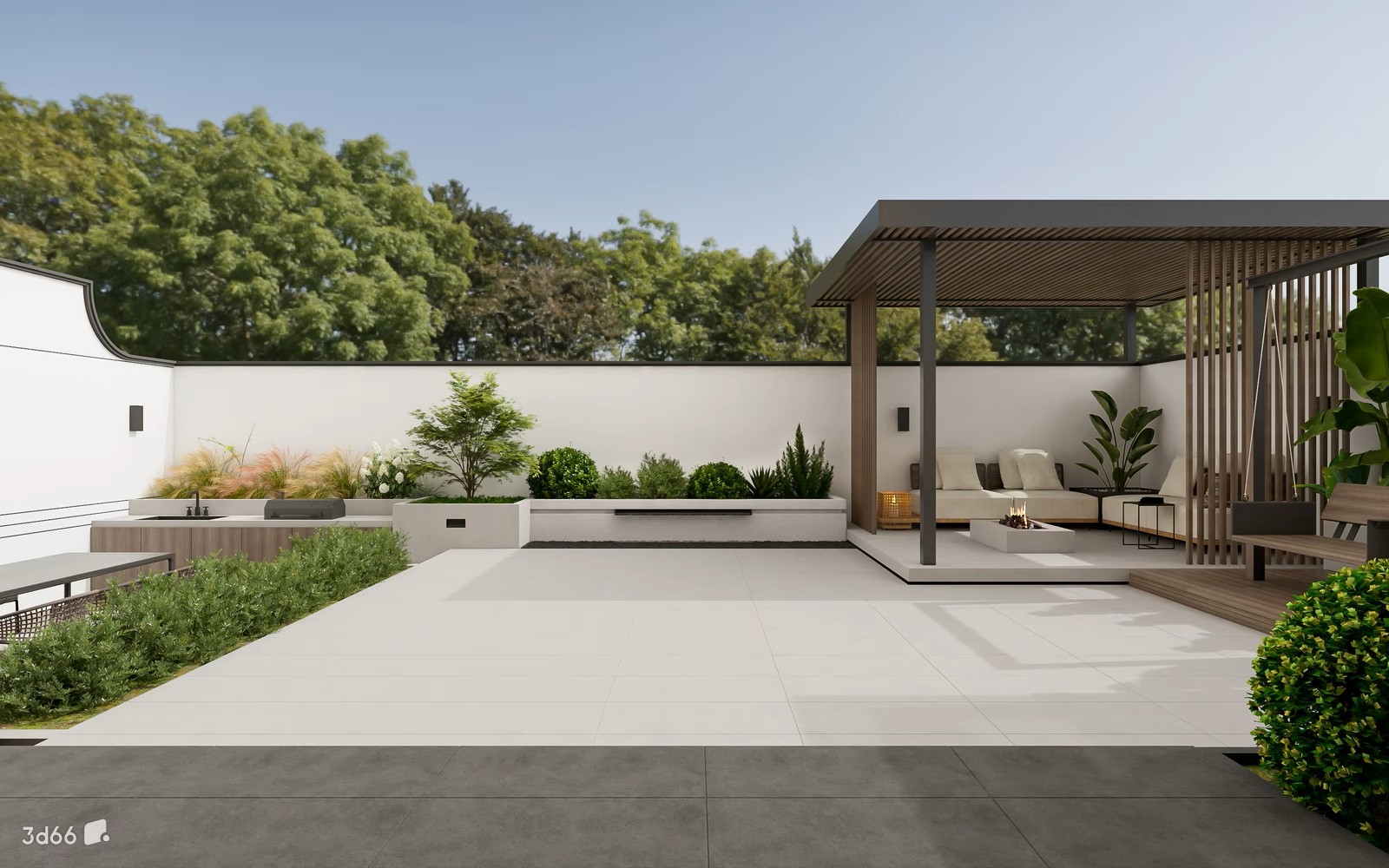 Bright modern courtyard with aluminum pergola